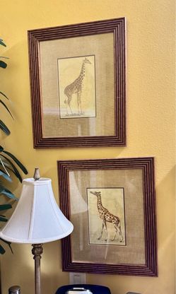 Set of TWO Framed Giraffe Wall Art in Bamboo Style Frames