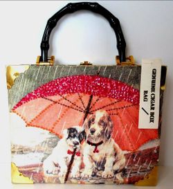 NEW - Vintage Braciano Fine Cigar Wood Box Purse - Dogs 9.5"×7.5"×2.5"
