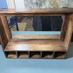 Farmhouse Style Wall Shelf With Mirror And Storage Slots 
