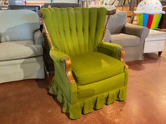 Vintage Bright Moss-Green Skirted Wood Frame Armchair