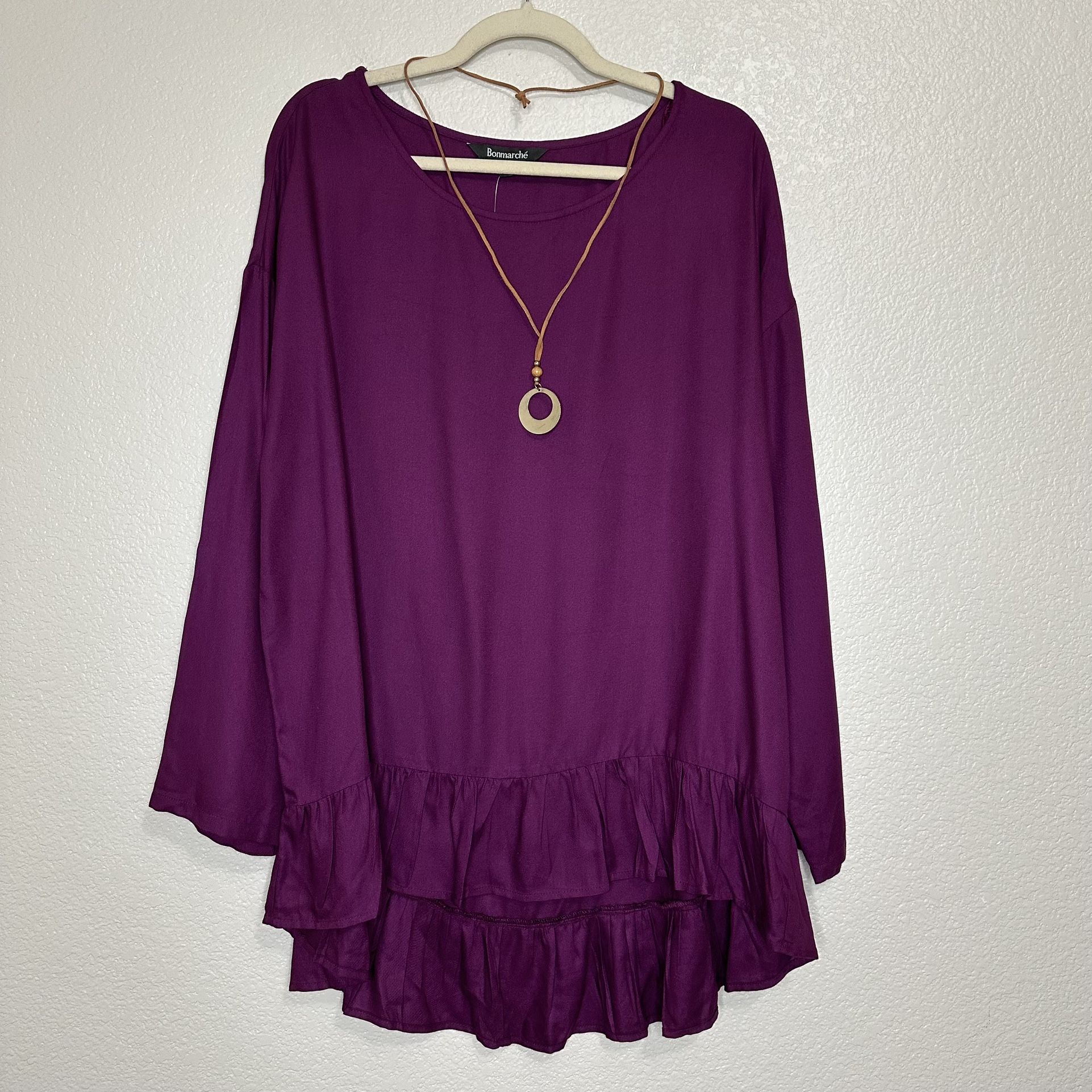 NWT Bonmarche Purple Long Sleeves Ruffle Hem Tunic Top, Size 18