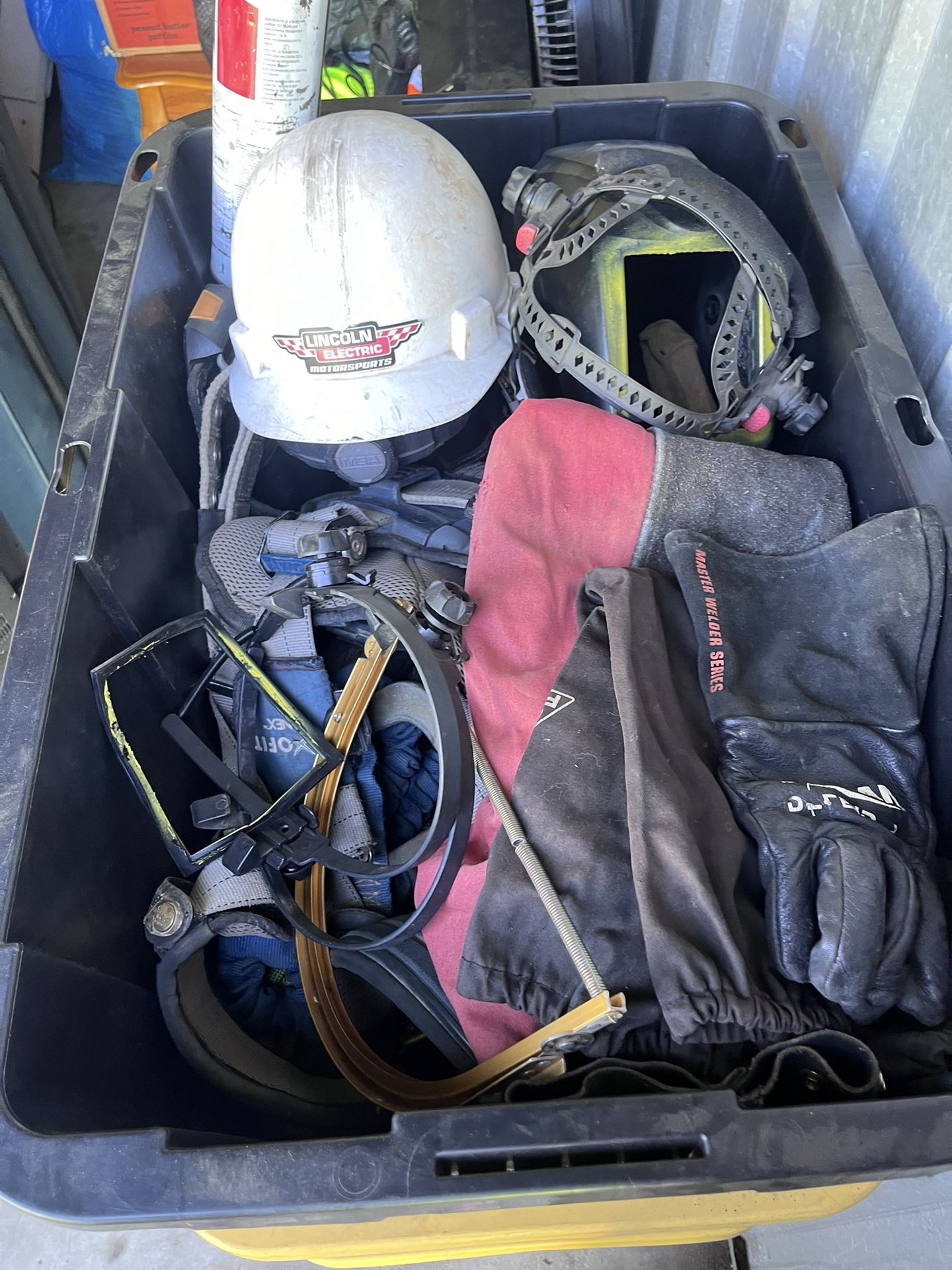 Fall Protection Harness With tool bags welding leathers and gloves and attachments all kinds of good stuff