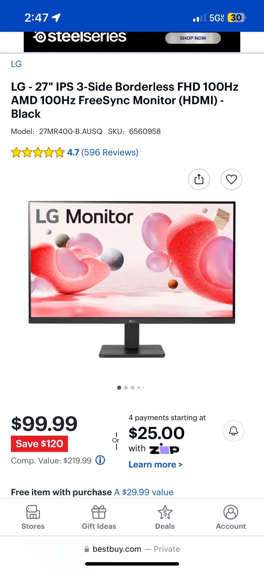 LG 27" IPS FHD Monitor - 100Hz, FreeSync (Model: 27MR400-B)