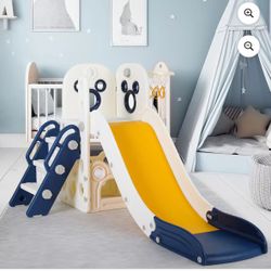 Arlopu Sturdy Toddler Slide with Basketball Hoop Plastic Kids Slide Climber with Anti-Slip Steps Indoor Outdoor Children Toy Playground