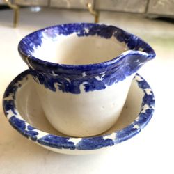 Vintage Studio Blue & White Spongeware Pottery Creamer & Sugar Bowl - Artist signed Neher   By NW Artists Neher (Bob & Corina Neher of Clay in Motion)