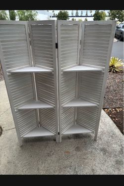 New 4 wooden white Panel Room Divider Screen Foldable W/3 Utility Shelves 5.6' Tall White