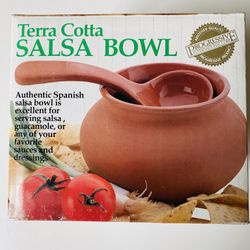 4 Terra Cotta Bowls. White Glazed inside and Natural Finish outside. Brand new. Never used. 6” in diameter. And Terra Cotta Salsa Bowl with a Spoon. B
