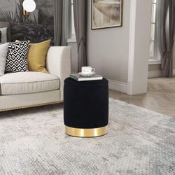 Round Storage Ottoman Upholstered Velvet Vanity Ottoman Stool with Gold Trim Small Modern Footrest for Living Room Bedroom (Black)