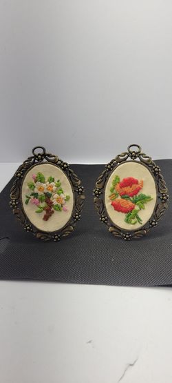 Vintage Hand Embroidered Floral Mini Frames Set of 2 Brass Tone Ornate Wall...