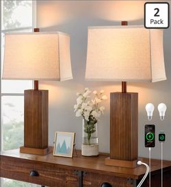 Set of 2 27.5" Solid Wood Table Lamps Walnut w/ USB-C & USB Ports + Bulbs