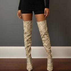 NEW Silver-Gold Shimmer Thigh-High Boots, Heel-5", Tall-27” Size: 9. Glam & Bold Shine ✨