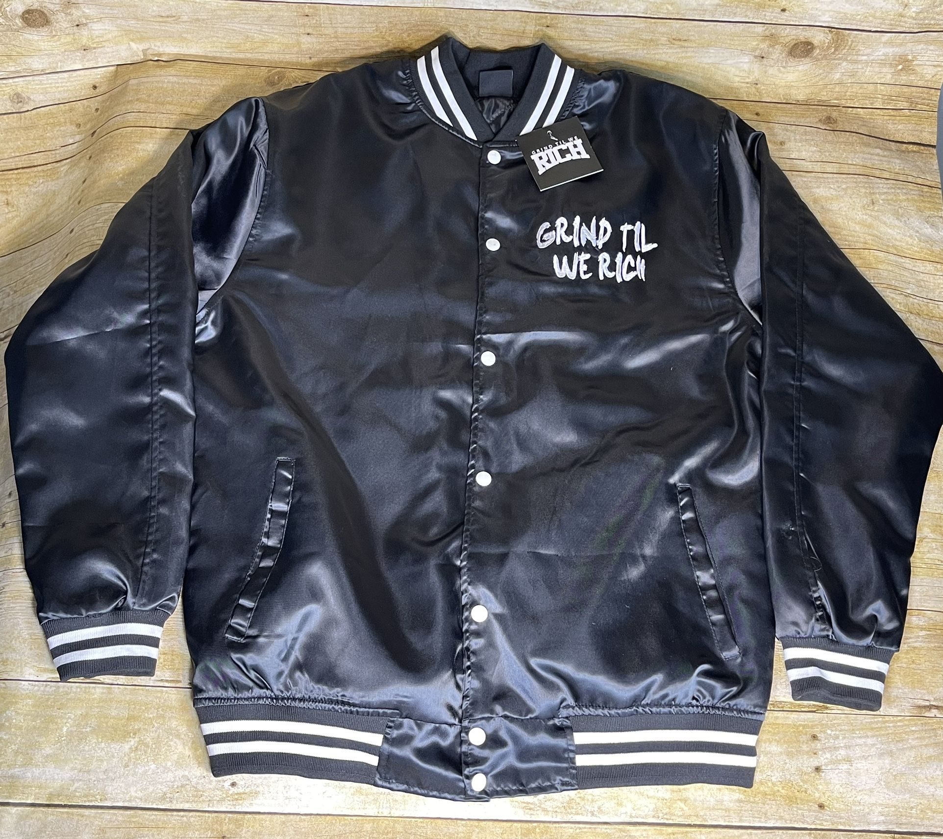 Grind Til We Rich Mens Sz 2XL (XXL) Black & White Bomber Jacket