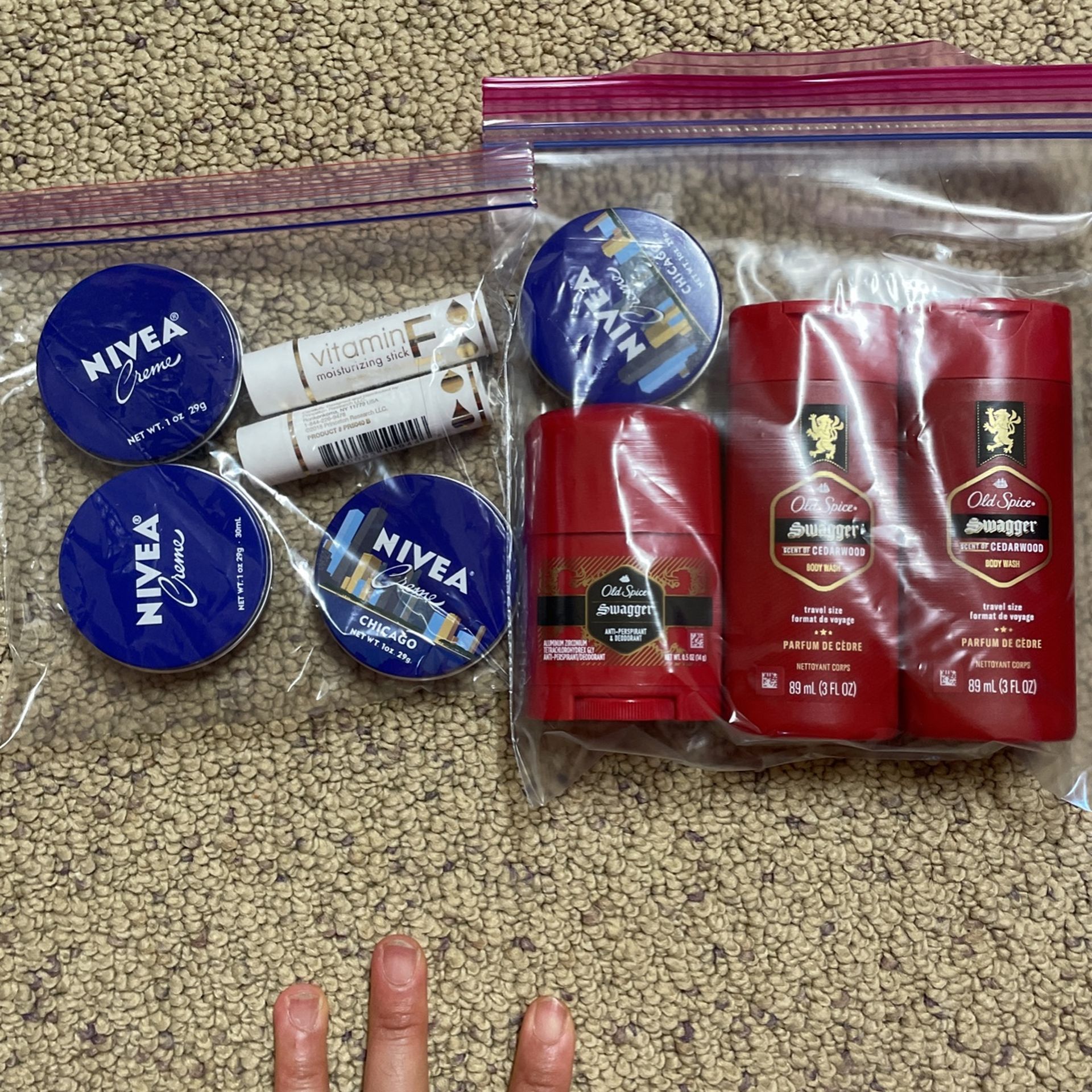 $3 Each Bag Set On Travel Size Olay Febreze Old Spice Cetaphil Neutrogena Nivea Vitamin E Brand New 4 -5 Items Per Bag