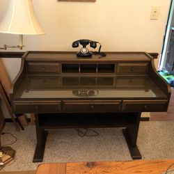 Antique Mastercraft Pine Solid Wood Desk with Glass Top