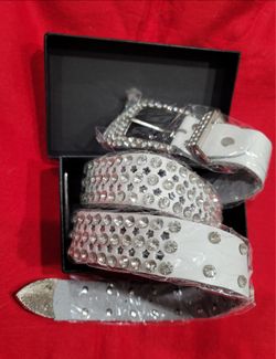 White leather Rhinestone Bling Belt