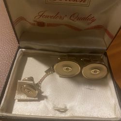 Vintage Anson Jeweler Quality Cuff-links Tie Tack Oval Gold-tone CZ Mens Jewelry