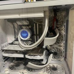 full white PC setup with desk