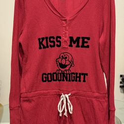 Sesame Street Women's Elmo Short Romper Knitted Henley Long Sleeve Drawstring  Long Sleeve Henley Neckline Button Placket Red Kiss Me Good Night Writt
