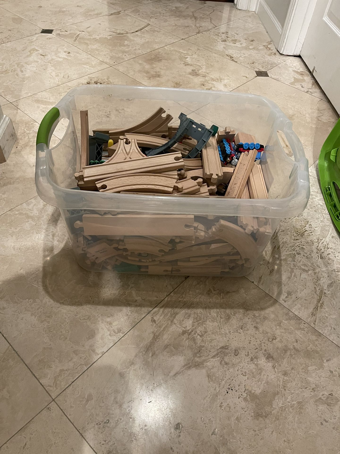 Lot Of Wooden Train Tracks And Trains