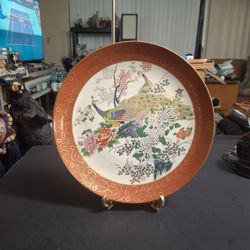 Vintage 1979 Japanese Satsuma Peacock Decorative Plate, 10" Wide - Excellent Condition