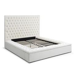 White Queen Size Platform Bed Frame with Upholstered Headboard and Storage