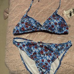 Floral Print Two-Piece Bikini Set For Women, Adjustable Halter Neck, Summer Beach Swimwear, Triangle Top And Bottoms