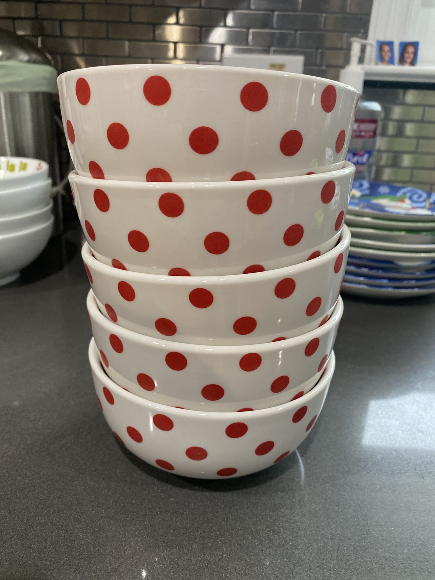 5 Red Polka Dots Soup Bowls 5”
