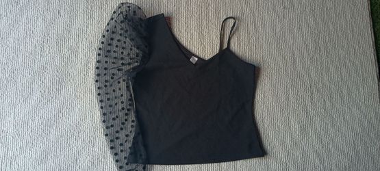 Black Cami Top with Polka Dot Mesh Sleeve.