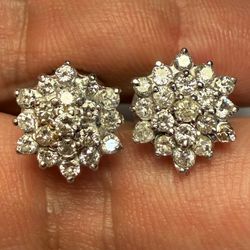 14k White Gold Diamond Flower Stud Earrings 12 mm Real Authentic