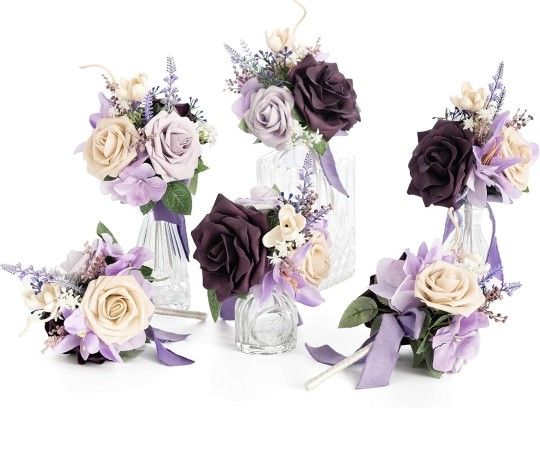 Set Of 6 Light Purple Flowers Mini Bridesmaid Bouquets Pre-Made Lilac Small Floral Wedding Centerpieces (Lavender)