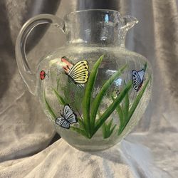 1950'S ROMANIA 5th AVE CRYSTAL CRACKLE GLASS PITCHER W/BUTTERFLIES & LADY BUGS