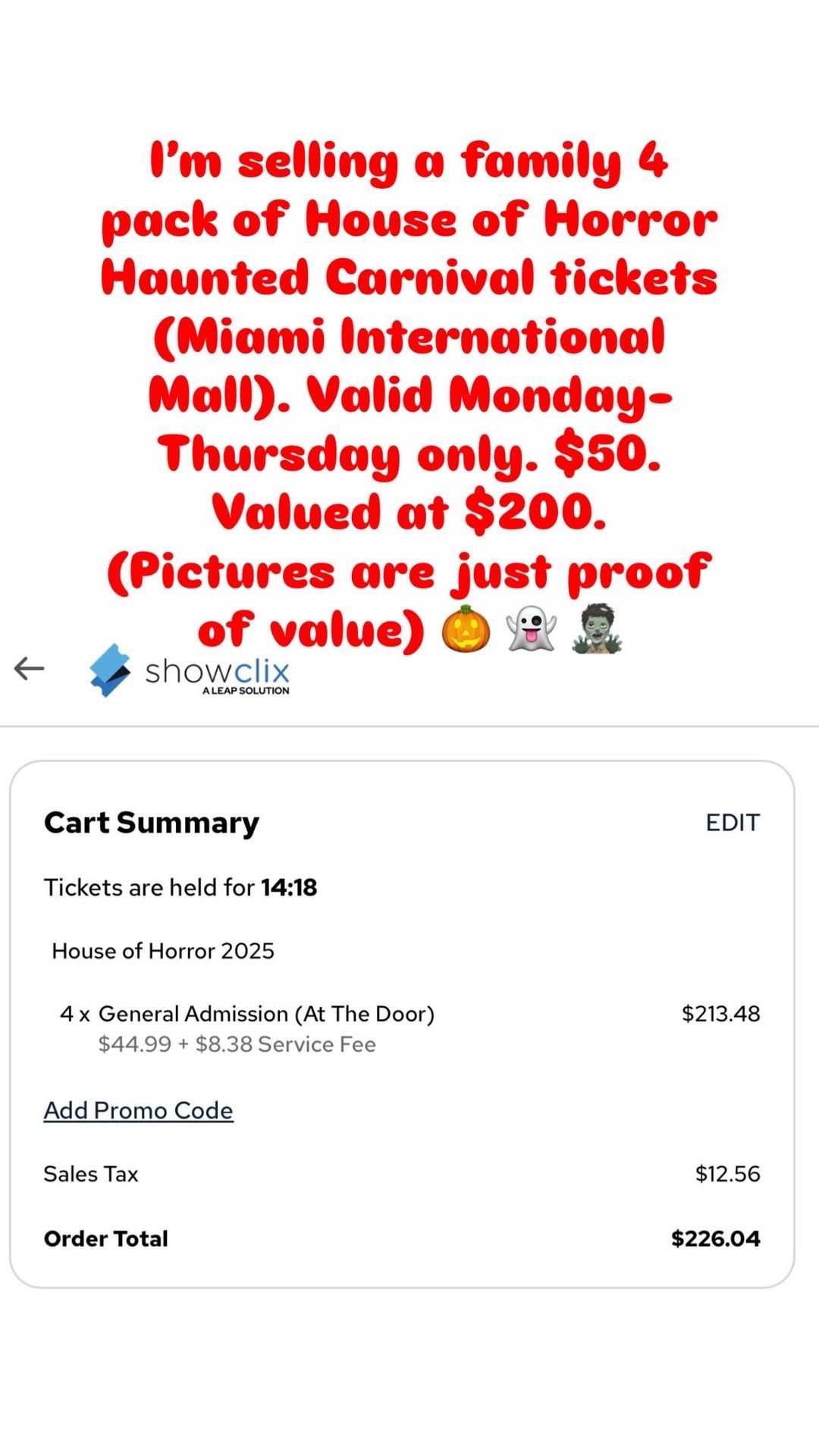 House Of Horror At Miami International Mall 4 Tickets $50 Total