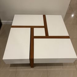 Modern White & Walnut Square Coffee Table – 4 Hidden Drawers – 39”
