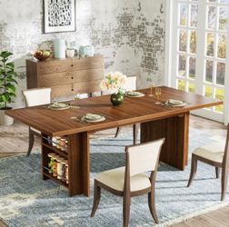 Tribesigns 63" Farmhouse Dining Table Wooden Kitchen Table With Shelves For 6 To 8