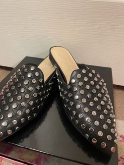 Black Studded Leather Mule Flats size W 7 1/2