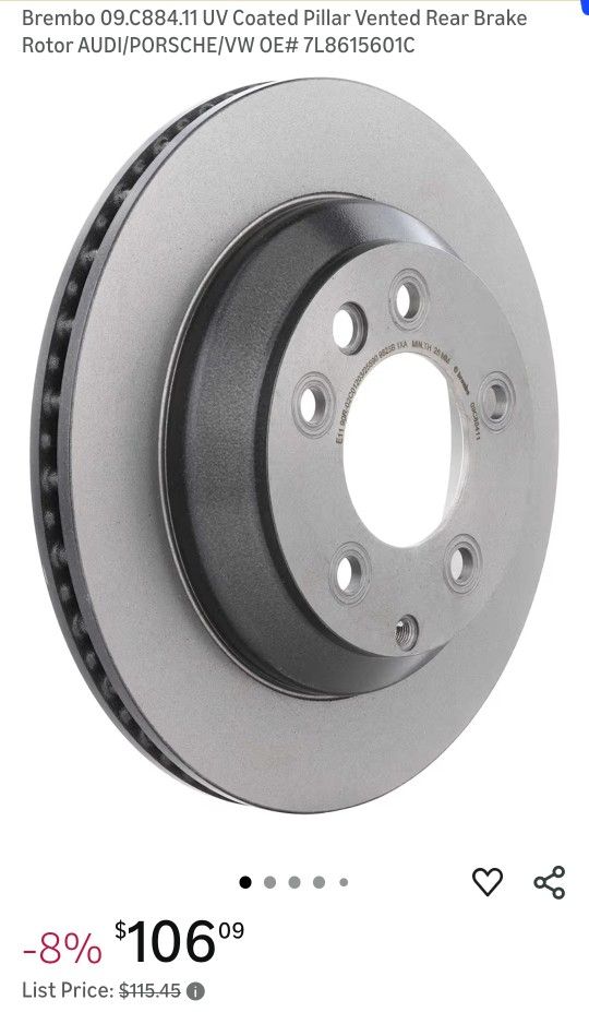 Brembo 09.C884.11 UV Coated Pillar Vented Rear Brake Rotor audi 07, Volkswagen Touare, Porsche