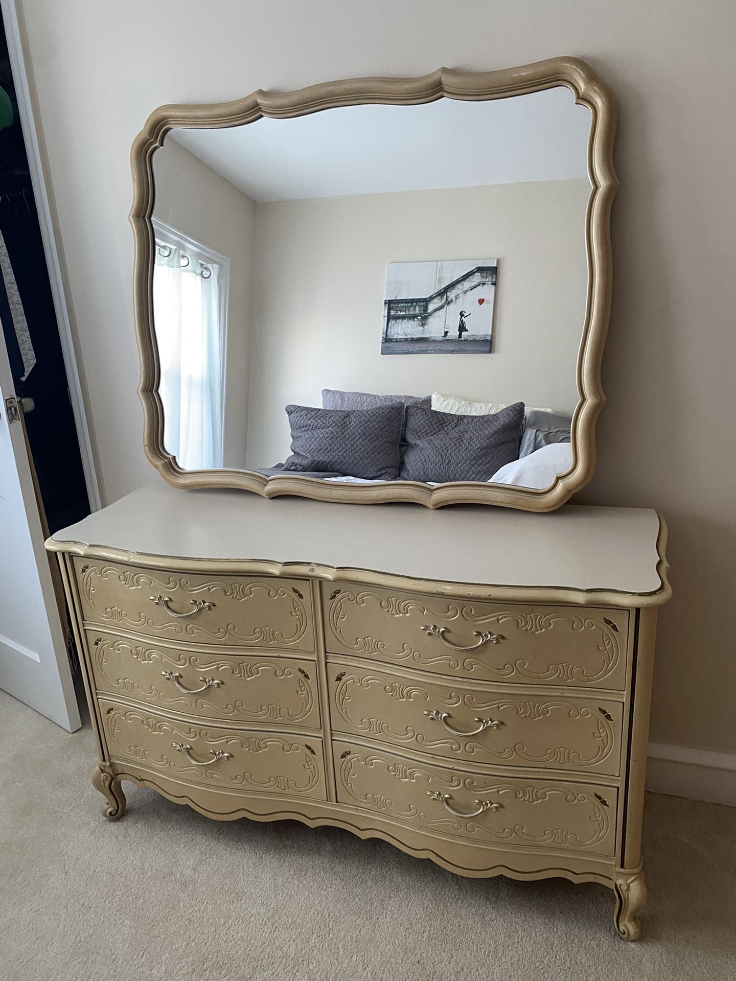 Mid-Century French Provincial Style Dresser With Mirror and Desk with Chair and Nightstand 