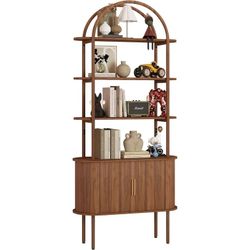 71" Tall Fluted Arched Bookshelf with Sliding Tambour Doors, Mid Century Modern Metal Curved Bookshelf Cabinet with Storage, 4-Tier Open Display Stora