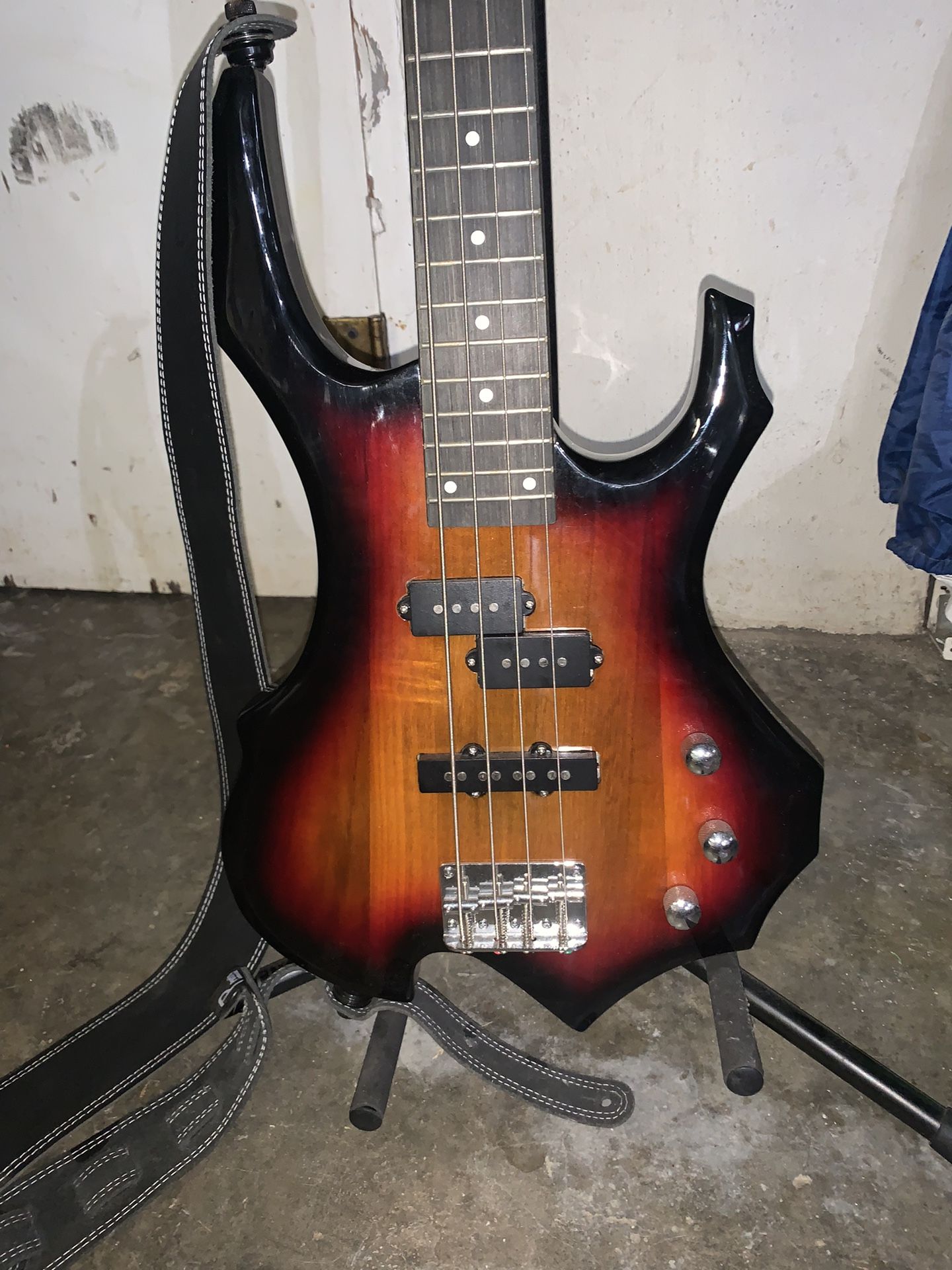 Bass Guitar, Stand, Amp, And Padded Gig Bag