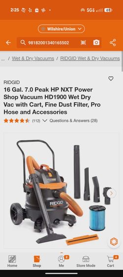 RIDGID 16 Gal. 7.0 Peak HP NXT Power Shop Vacuum HD1900 Wet/Dry Vac – Used