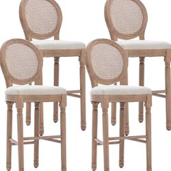 Set of 4 - French Country Wooden Bar Chairs w/ Beige Upholstered Seating (29” Seat Height)  w/  Rattan Back  [NEW IN BOX] <Assembly Required> 