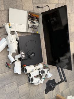 8 civilians camera system “ hike, vision, DVR, power supply, 32 inch insignia TV and the, amount,