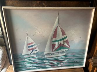 Framed Sailboat Oil Painting on Canvas