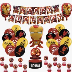 Iron Party Decorations Set Including iron Banner Latex Balloon Cupcake Toppers for Super Hero Fans Marvel Favors Birthday Party