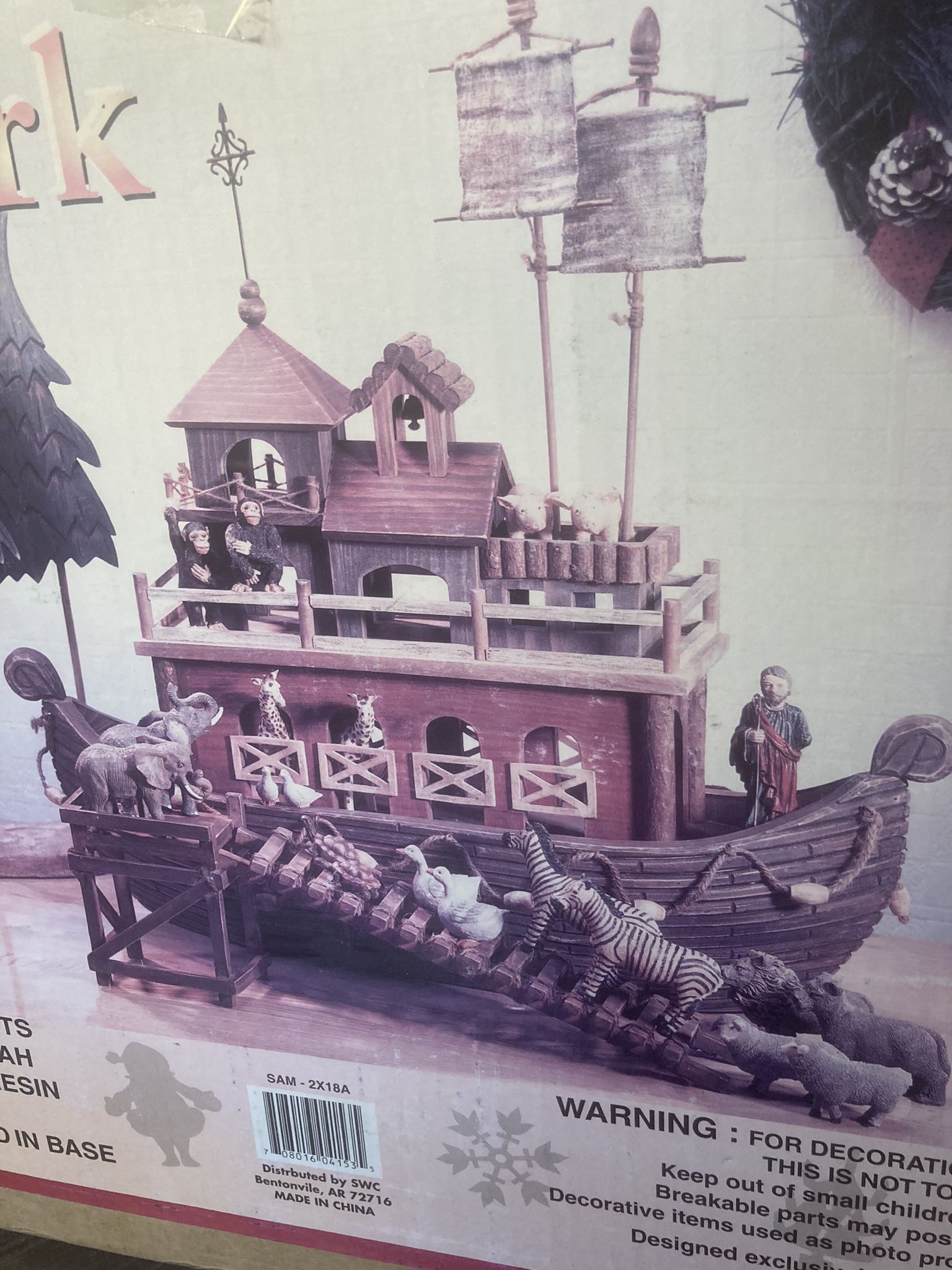 Vintage Sam's Club Wooden Noah's Ark Set Xtra Lg Resin Animals 24" Religious COMPLETE open box - never used