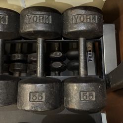 Vintage York Roundhead 55 lb dumbbells 55lbs 55lb dumbbell lbs weights weight round head roundheads Cast Iron USA stamped