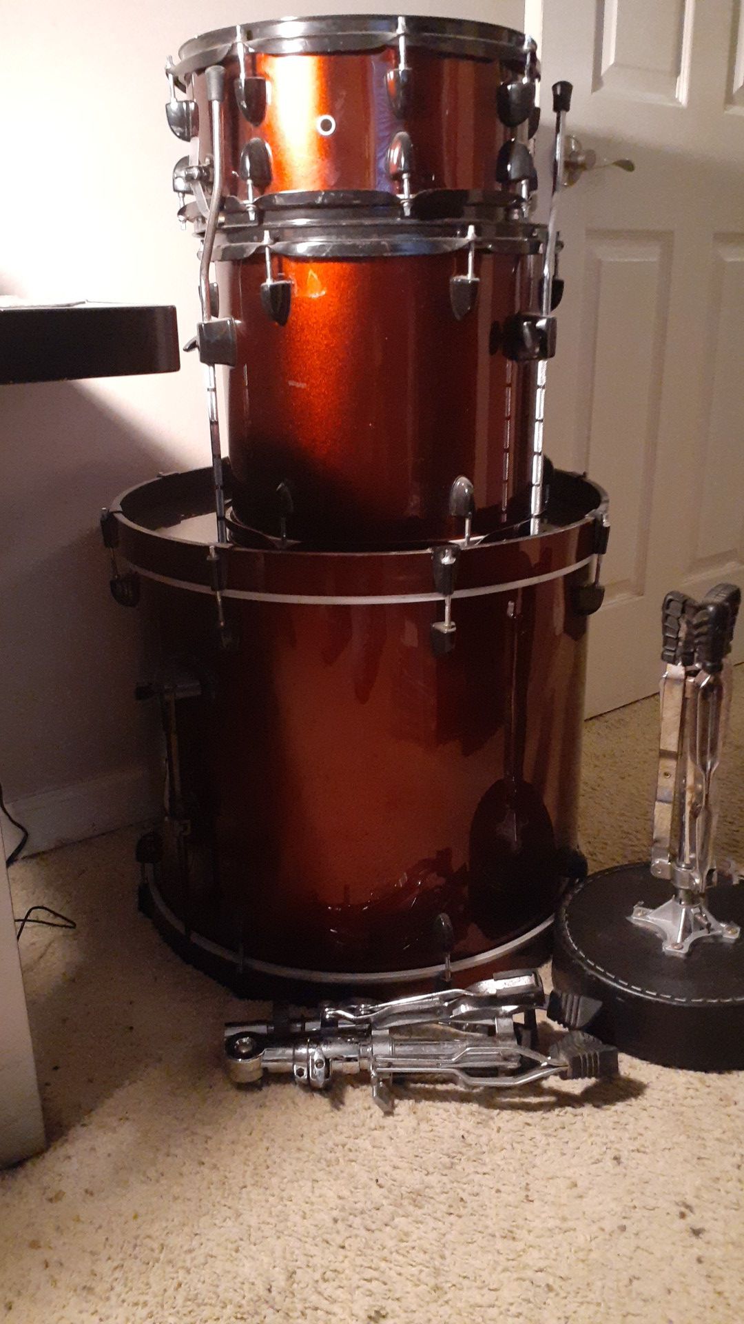 Sound percussion 3 piece drum set with hardware.