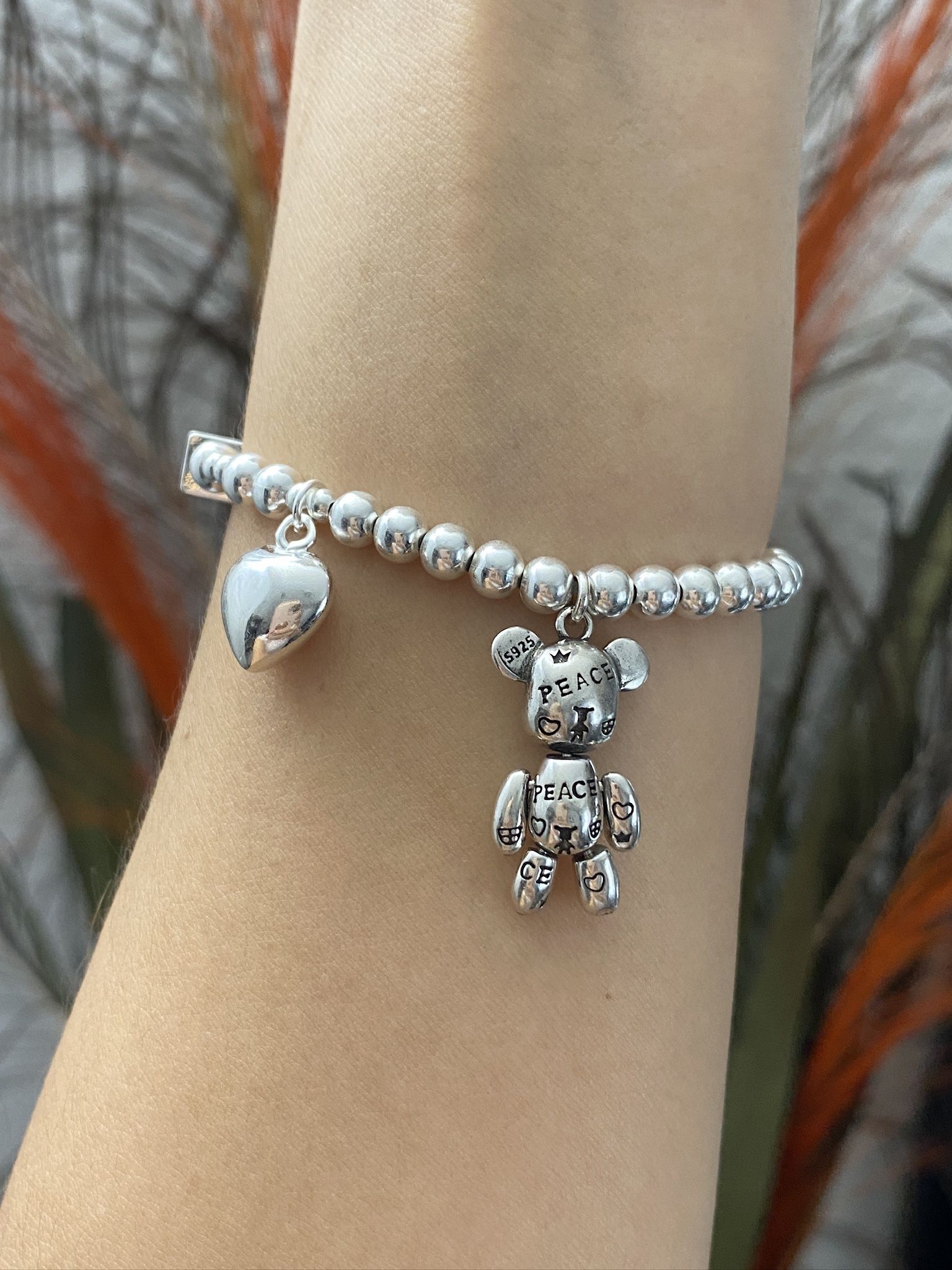S925 silver heart bear cube bracelet,Heart bear cube stretch bracelet