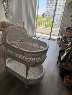 White Wicker Baby Bassinet with Stand