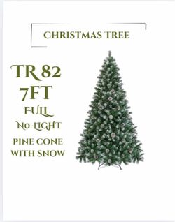 š7ft Artificial Christmas Tree, Snow Flocked Christmas Tree w/82 Pinecones, 1346 Frosted Tips, Pre-Decorated Tree for Holiday Party Decoration (TR82)